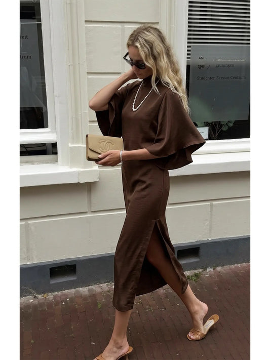 Flowy Satin Tie-back Midi Dress in Brown