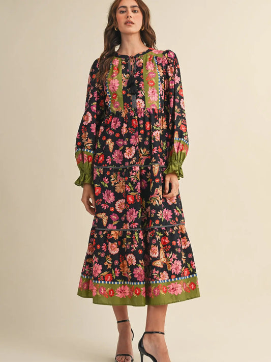 Floral Border Dress in Black