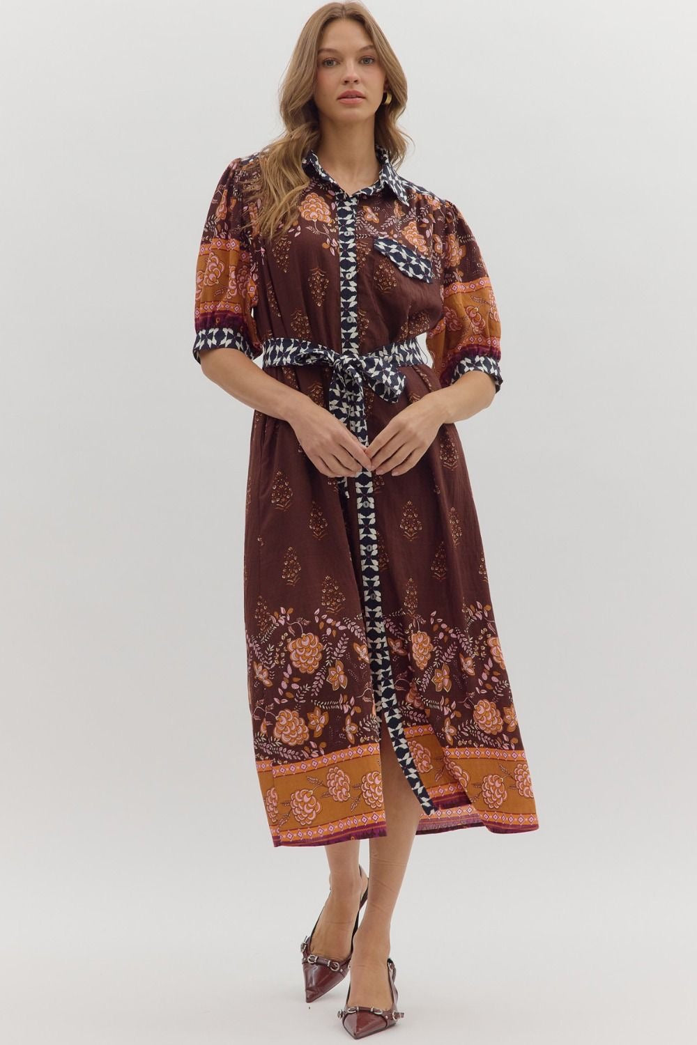 Mixed Fabric Midi Dress