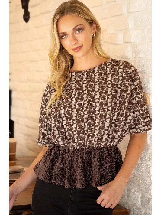 Brown Printed Top with Velvet Peplum