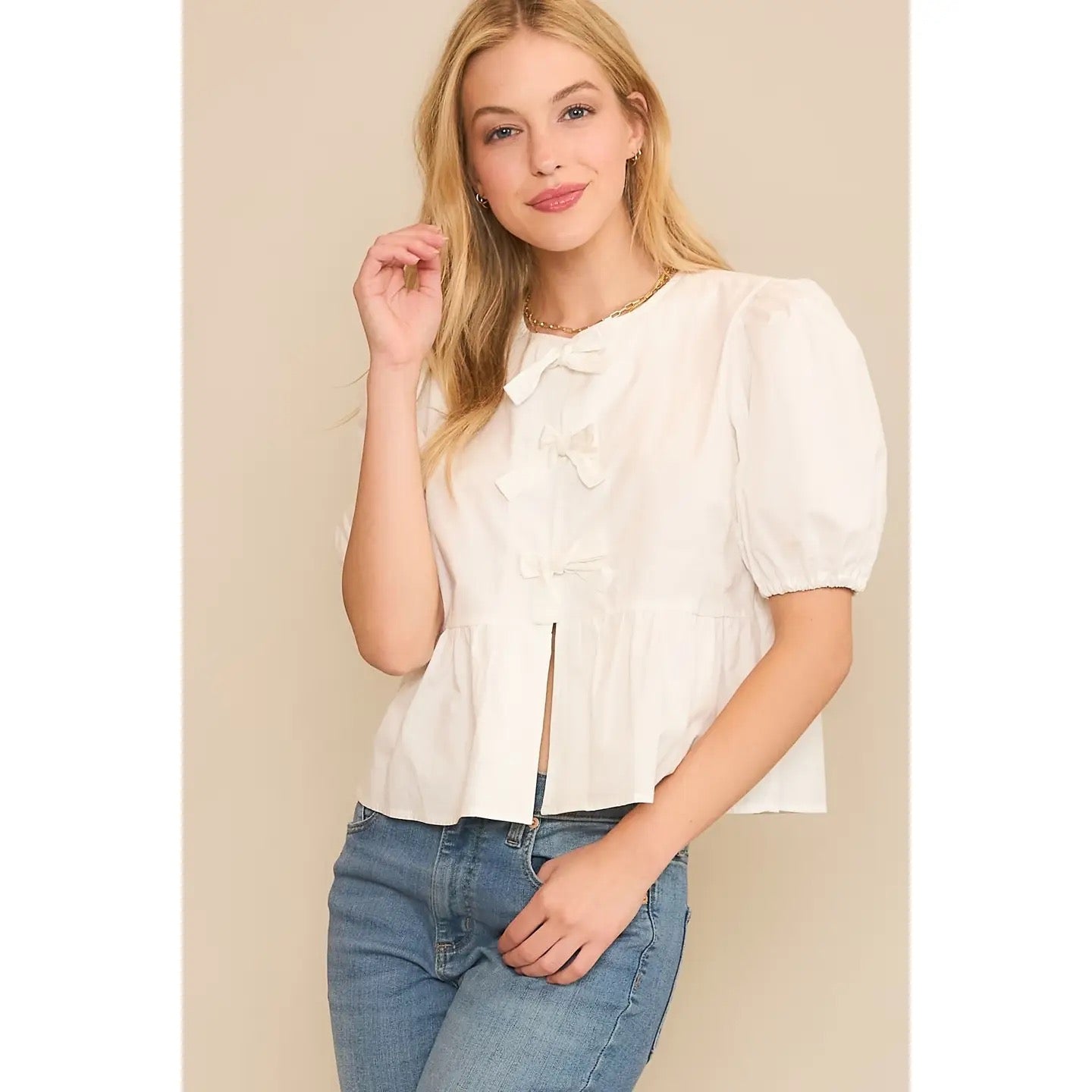 Baby Doll Top with 3-bow Closures in White