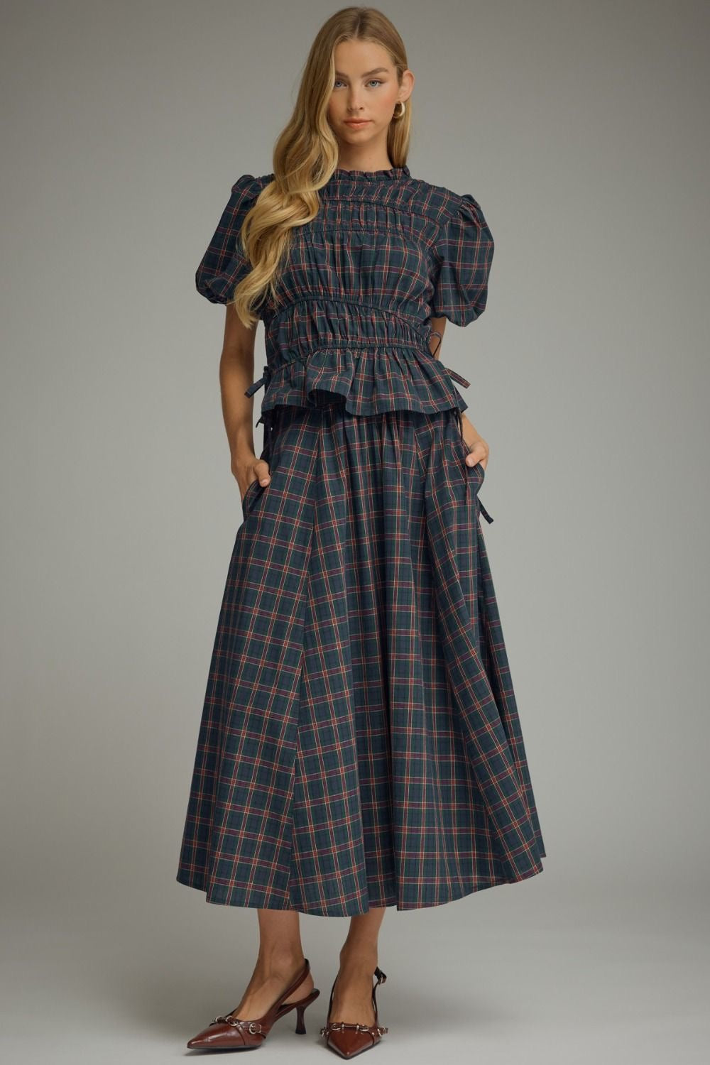 Plaid Two-Piece Set with Elastic Asymmetrical Pleating