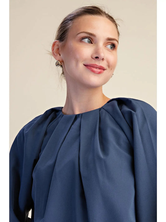 Navy Long-sleeve Top with Pleating Detail