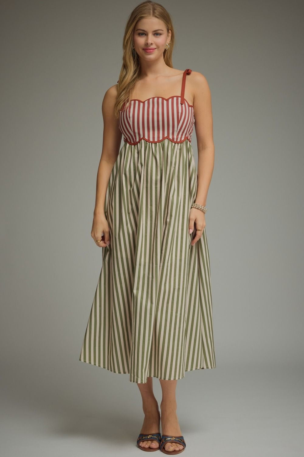 Green/Brick Red Scalloped Striped Dress with Tie Straps