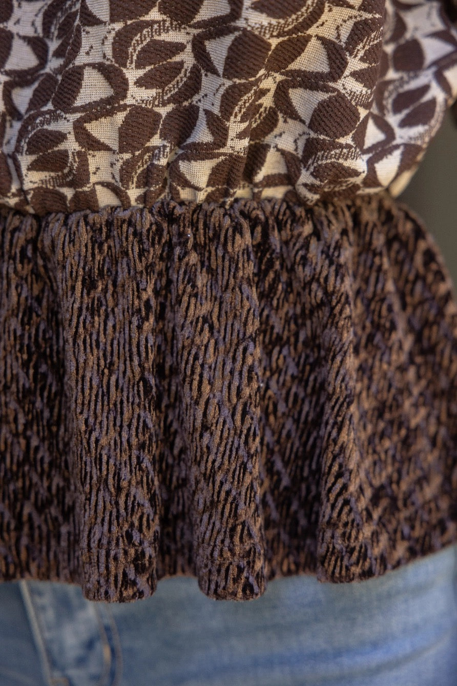 Brown Printed Top with Velvet Peplum