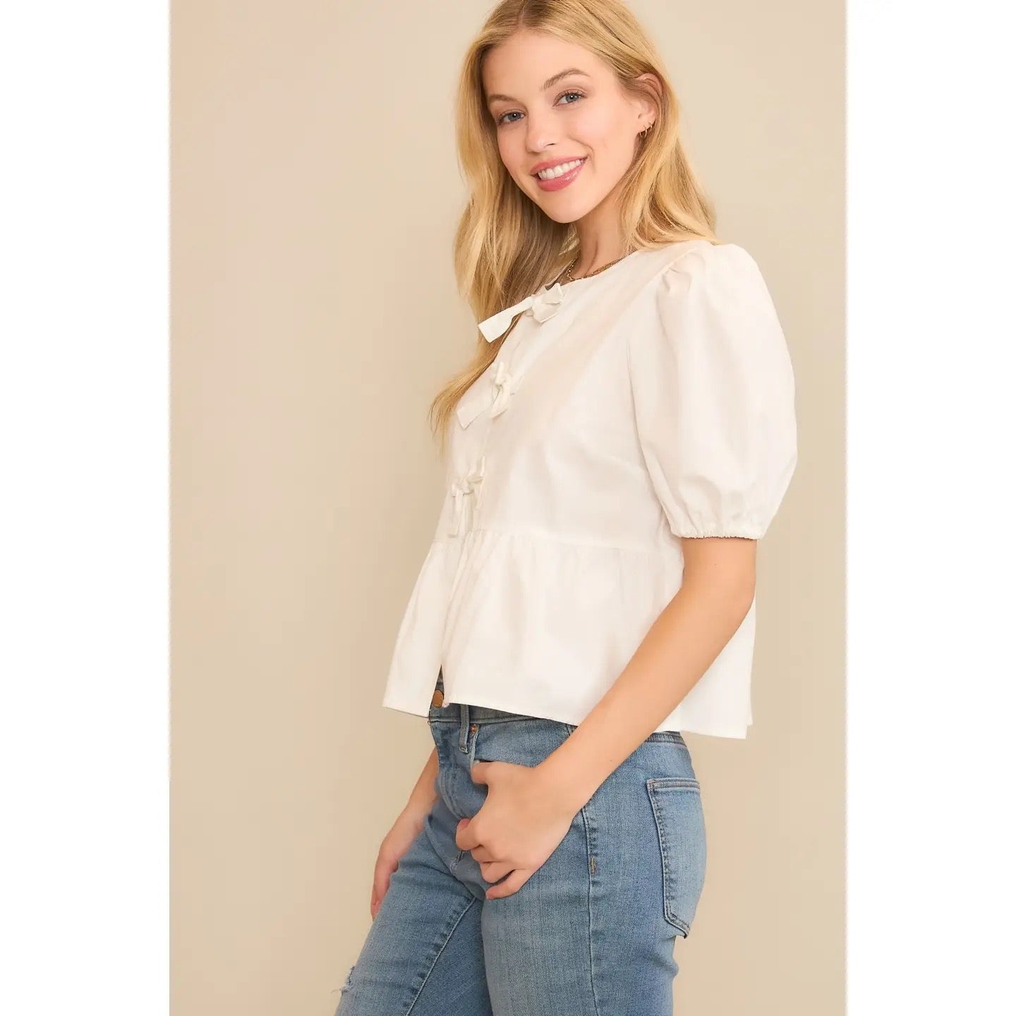 Baby Doll Top with 3-bow Closures in White