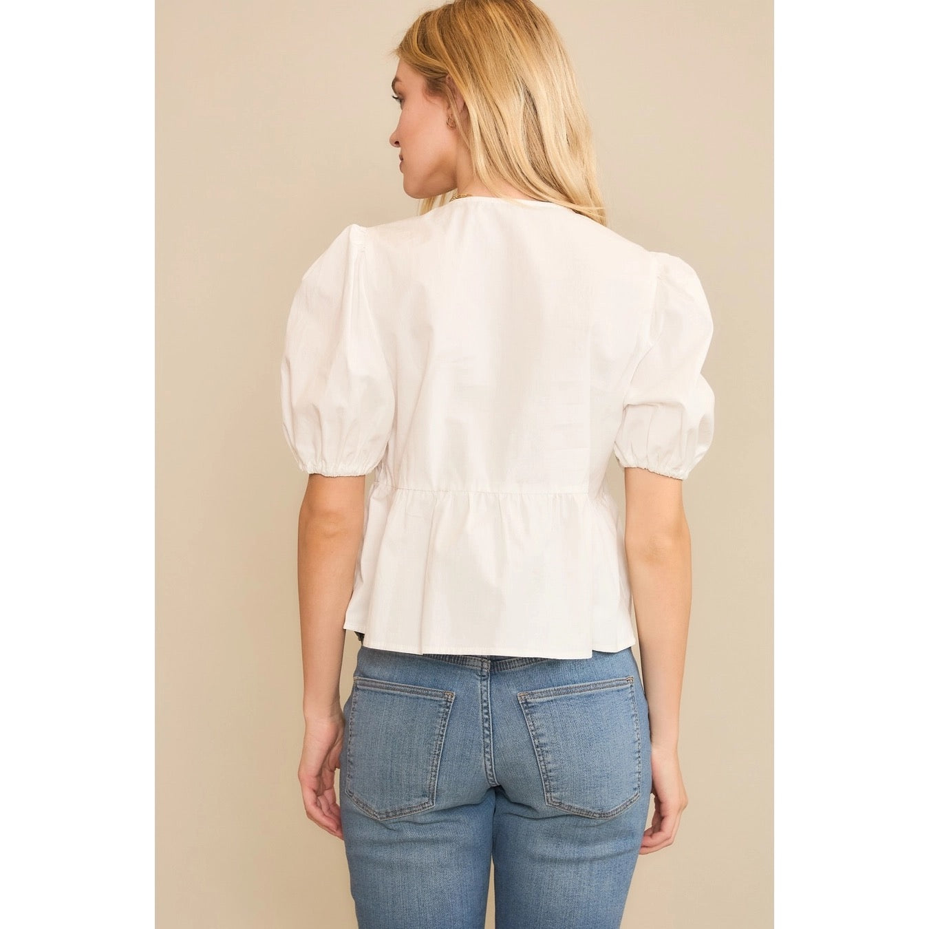 Baby Doll Top with 3-bow Closures in White