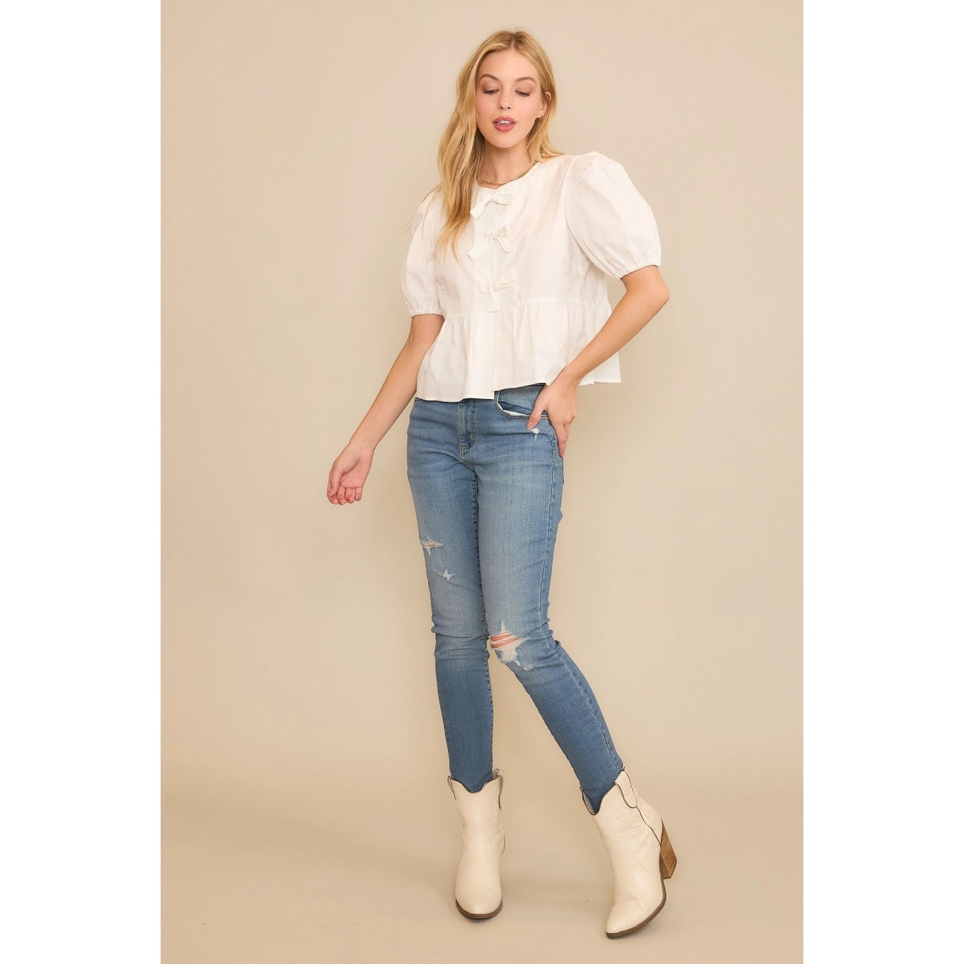 Baby Doll Top with 3-bow Closures in White