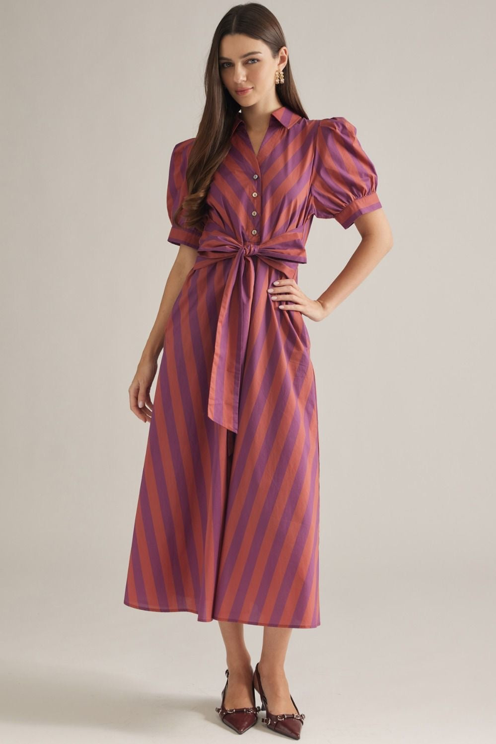 Plum Stripe Dress with Front Self-Tie