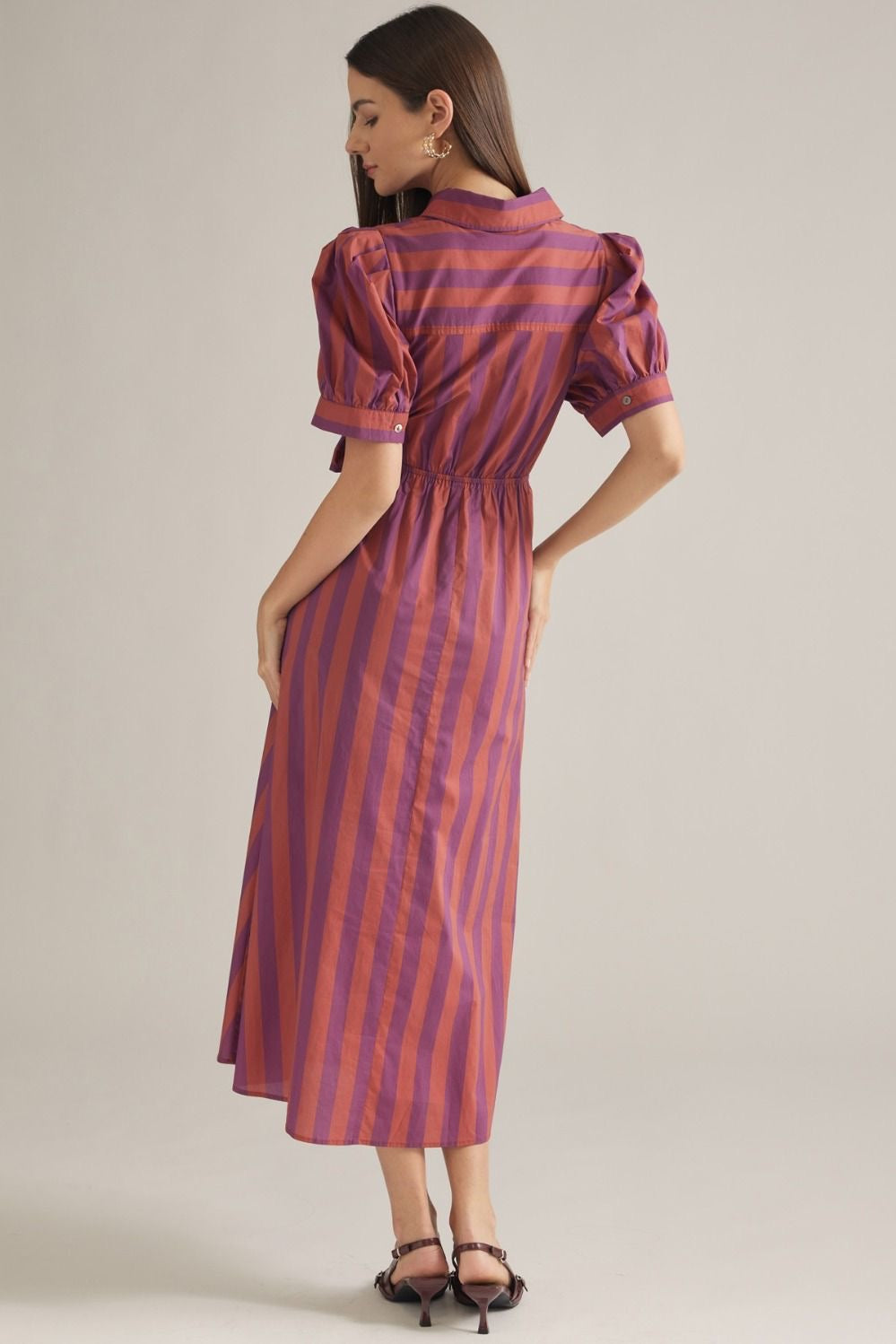 Plum Stripe Dress with Front Self-Tie