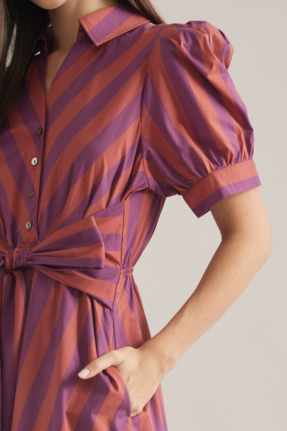 Plum Stripe Dress with Front Self-Tie