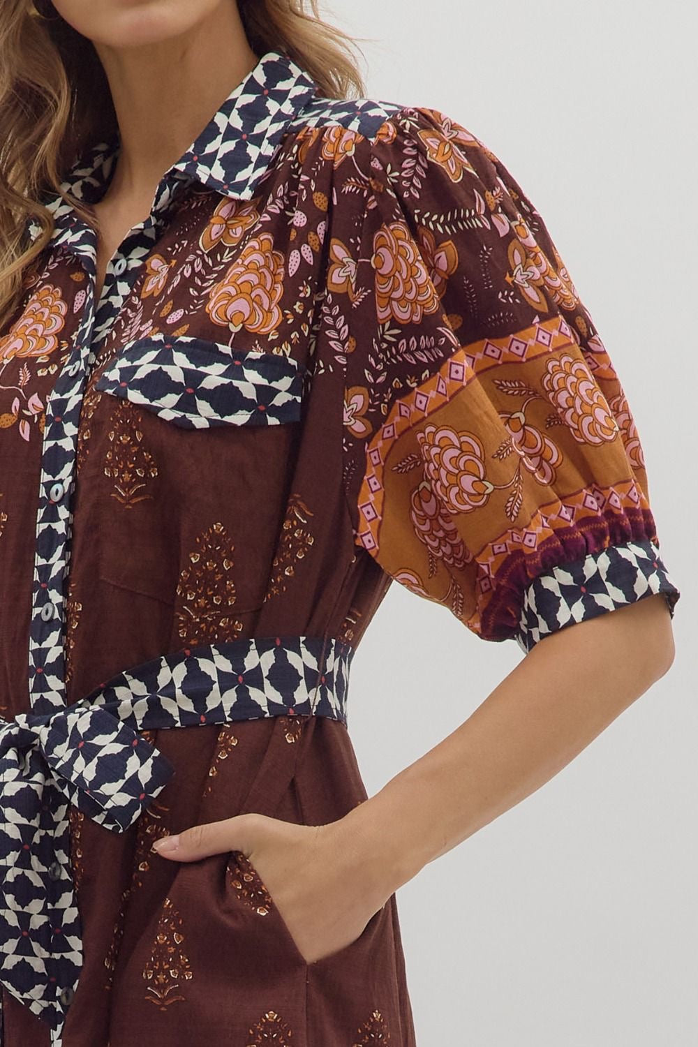 Mixed Fabric Midi Dress