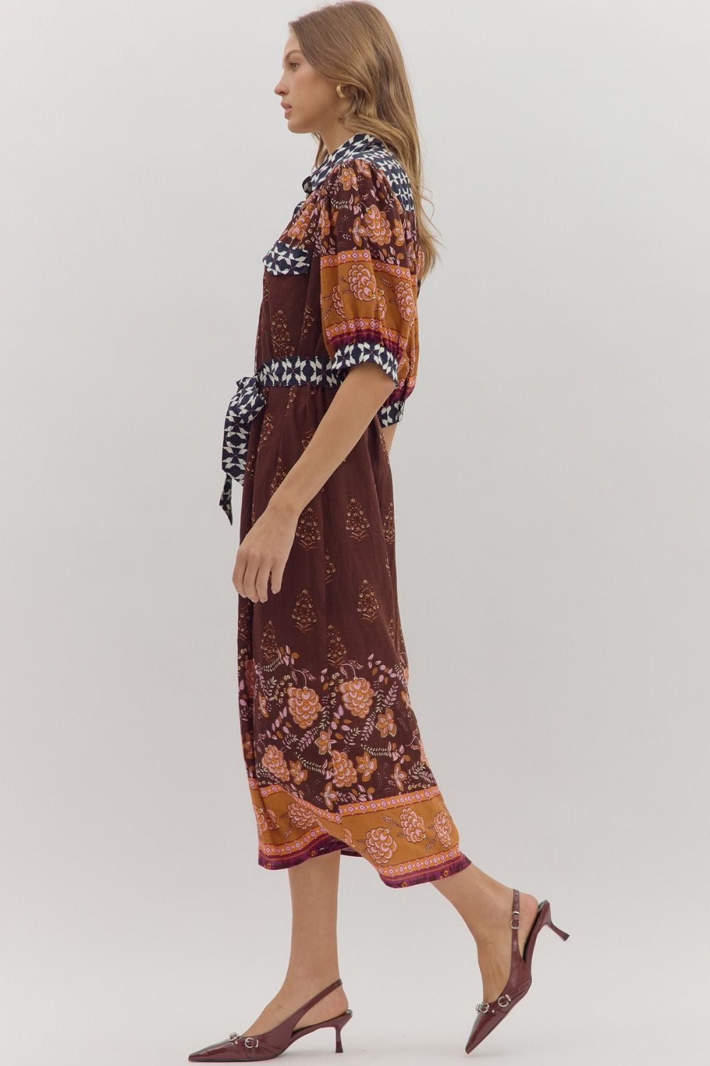 Mixed Fabric Midi Dress