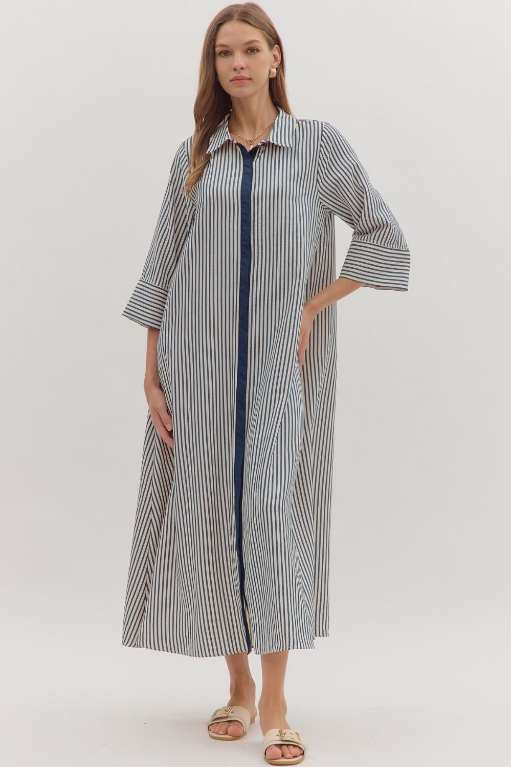 Indigo/off-white Striped Flowing Maxi Dress with 3/4 Sleeves