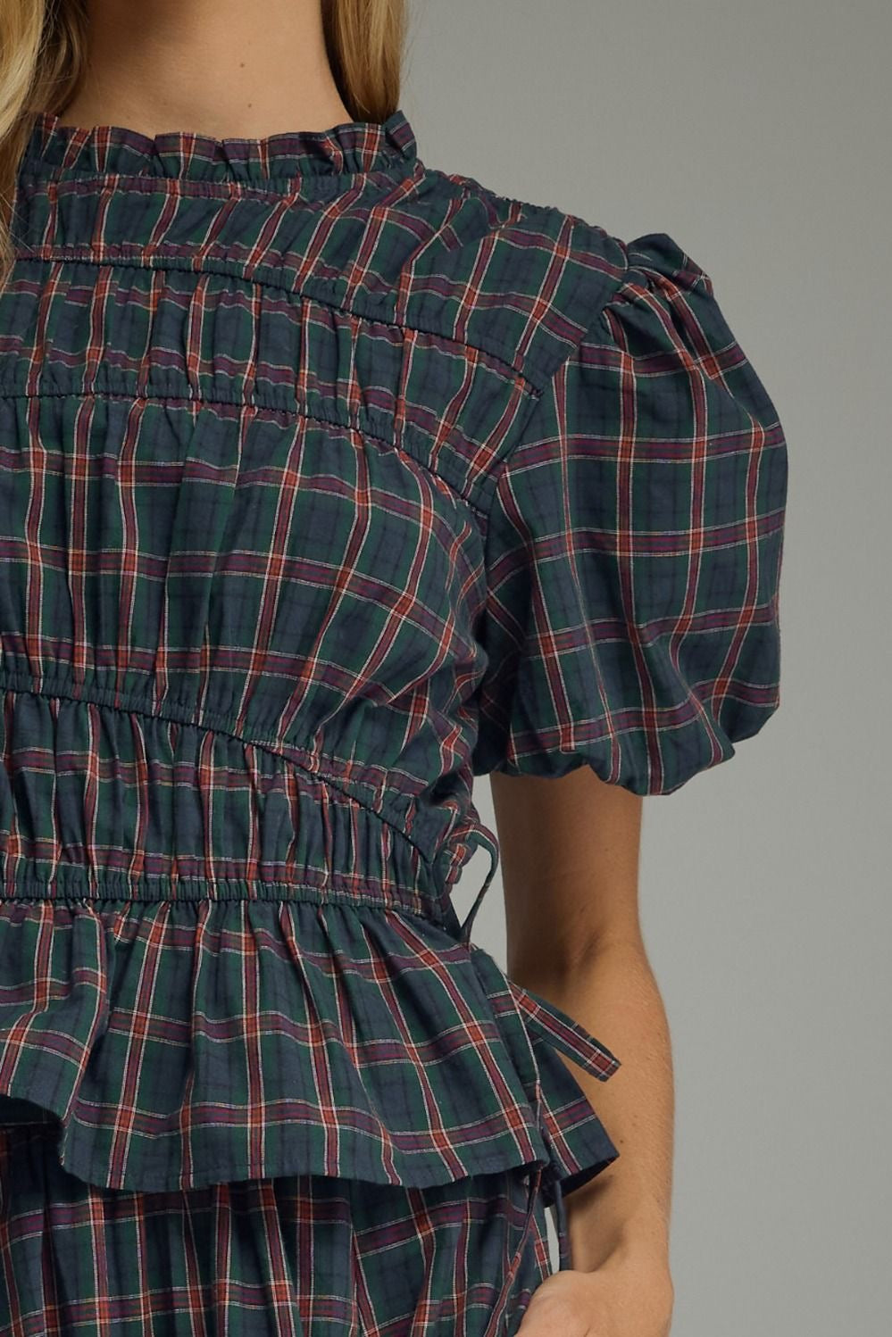 Plaid Two-Piece Set with Elastic Asymmetrical Pleating