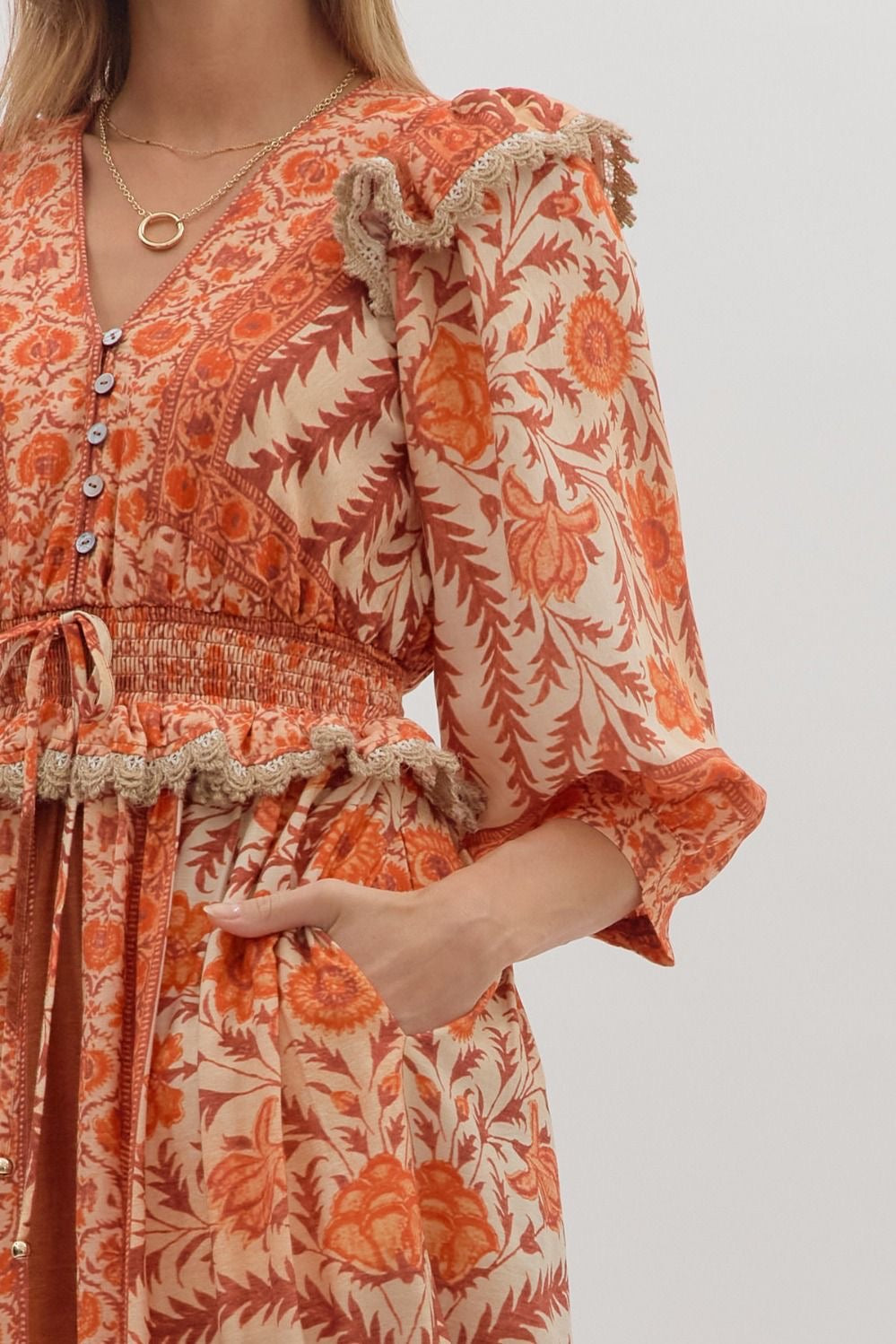 Mixed Floral Print Midi Dress with Peplum in Orange