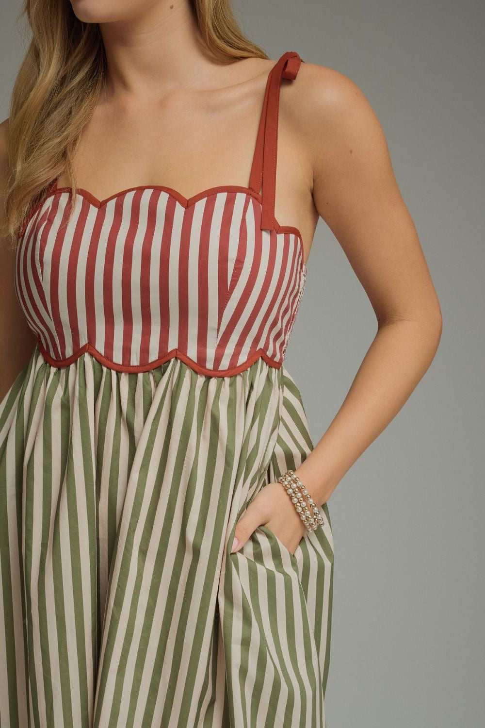 Green/Brick Red Scalloped Striped Dress with Tie Straps