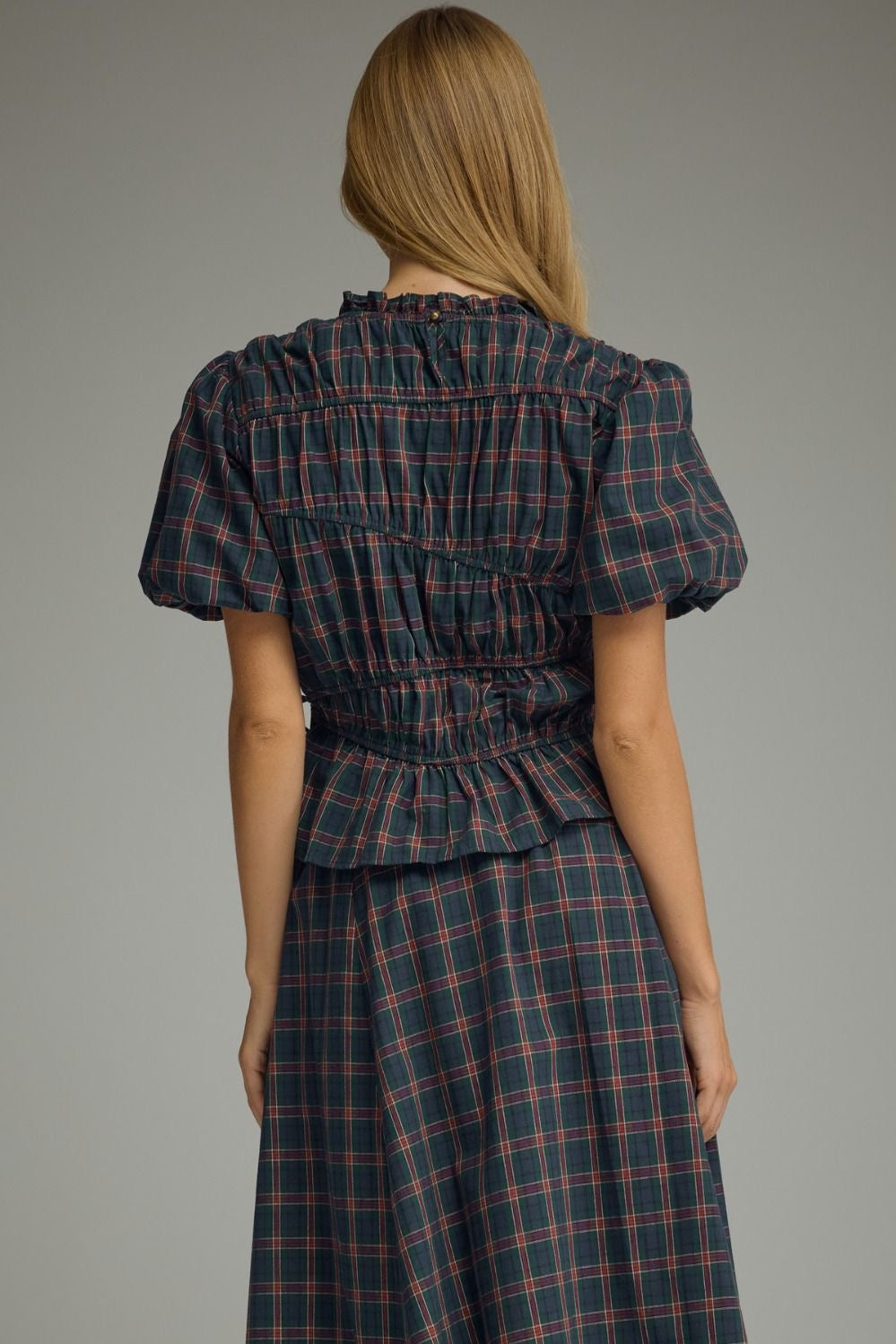 Plaid Two-Piece Set with Elastic Asymmetrical Pleating