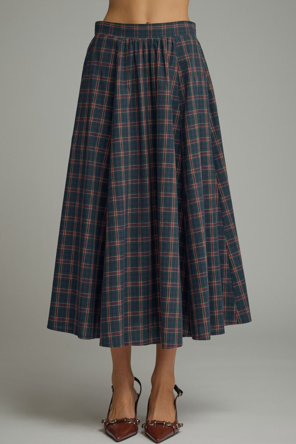 Plaid Two-Piece Set with Elastic Asymmetrical Pleating