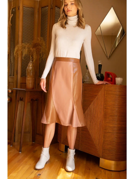Faux Leather Color-blocked Midi Skirt in Rose/Camel