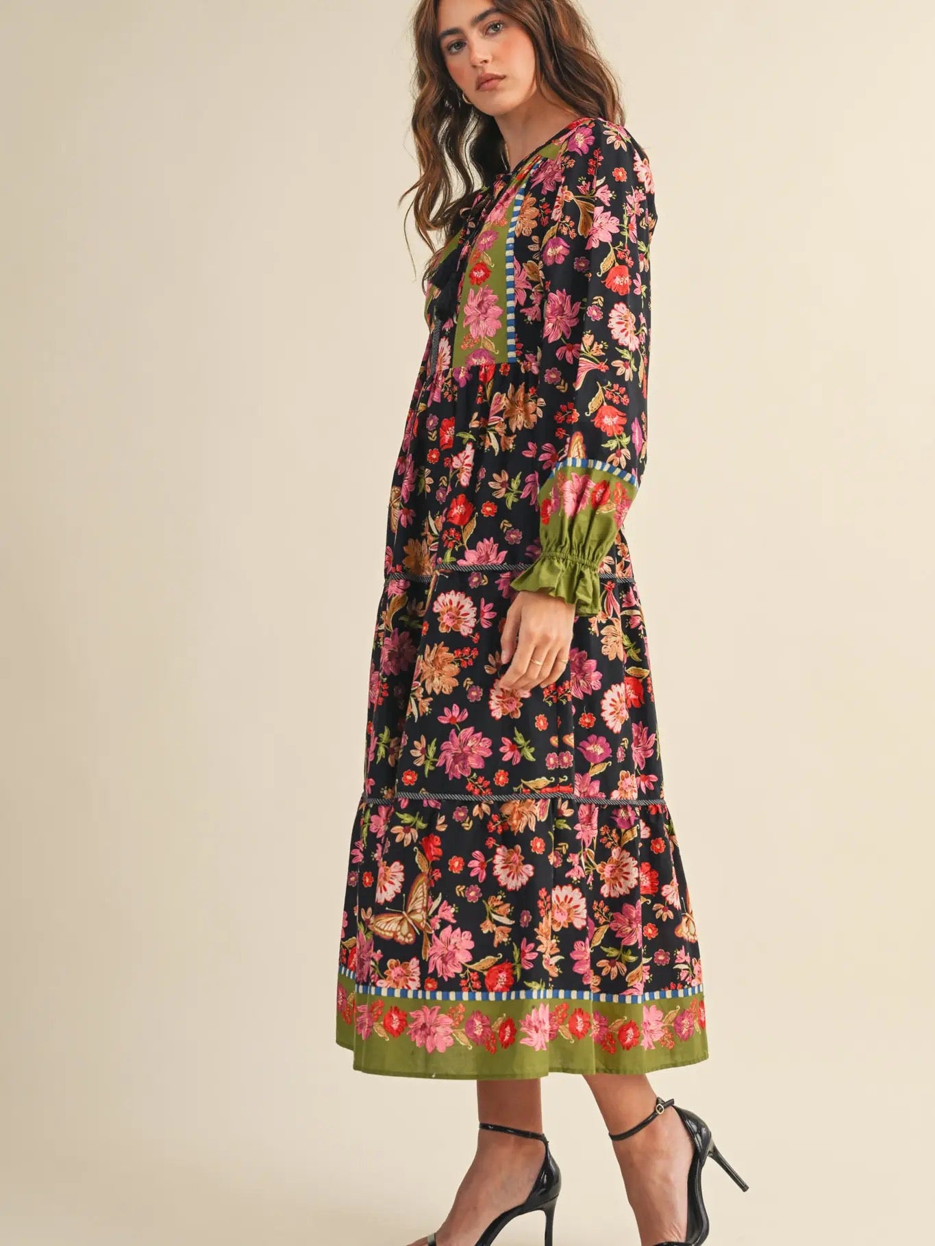 Floral Border Dress in Black