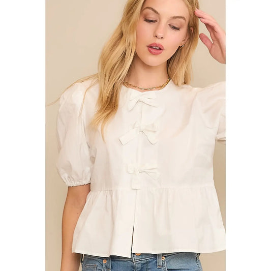 Baby Doll Top with 3-bow Closures in White