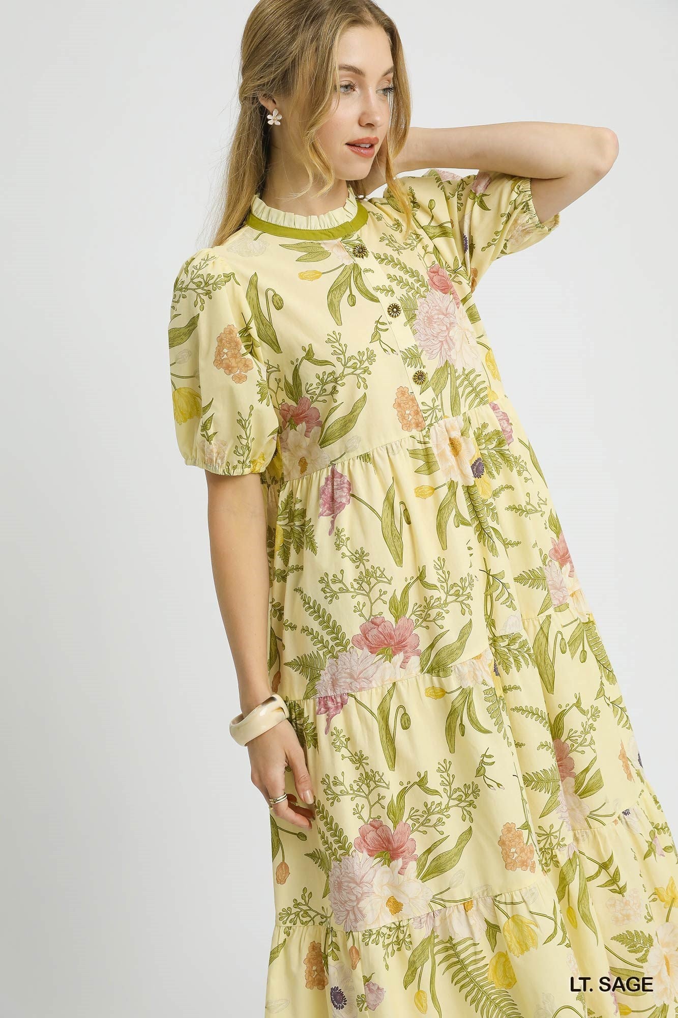 Light Sage Green Floral Midi Dress