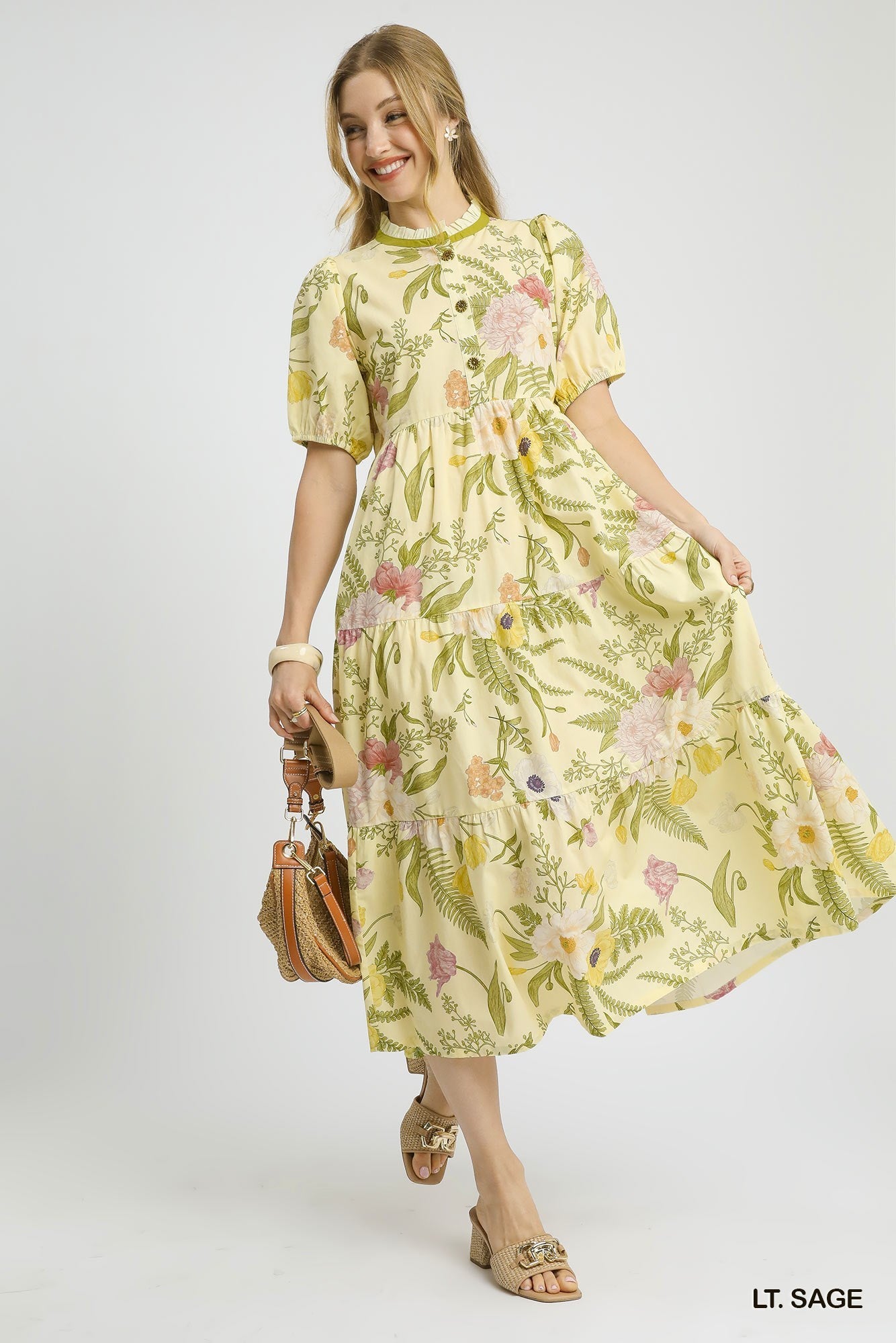 Light Sage Green Floral Midi Dress