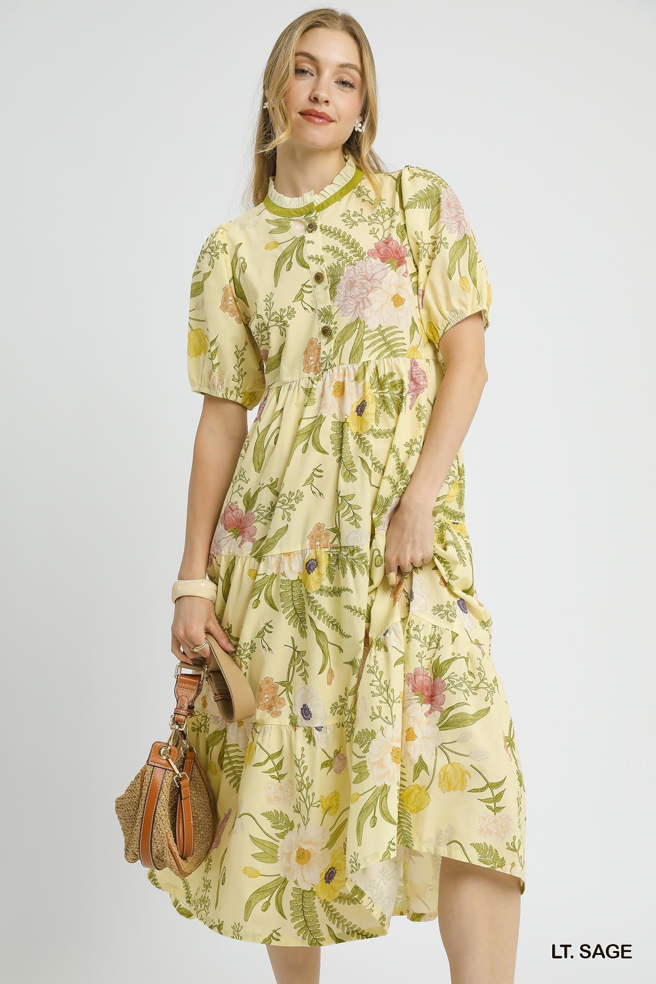 Light Sage Green Floral Midi Dress