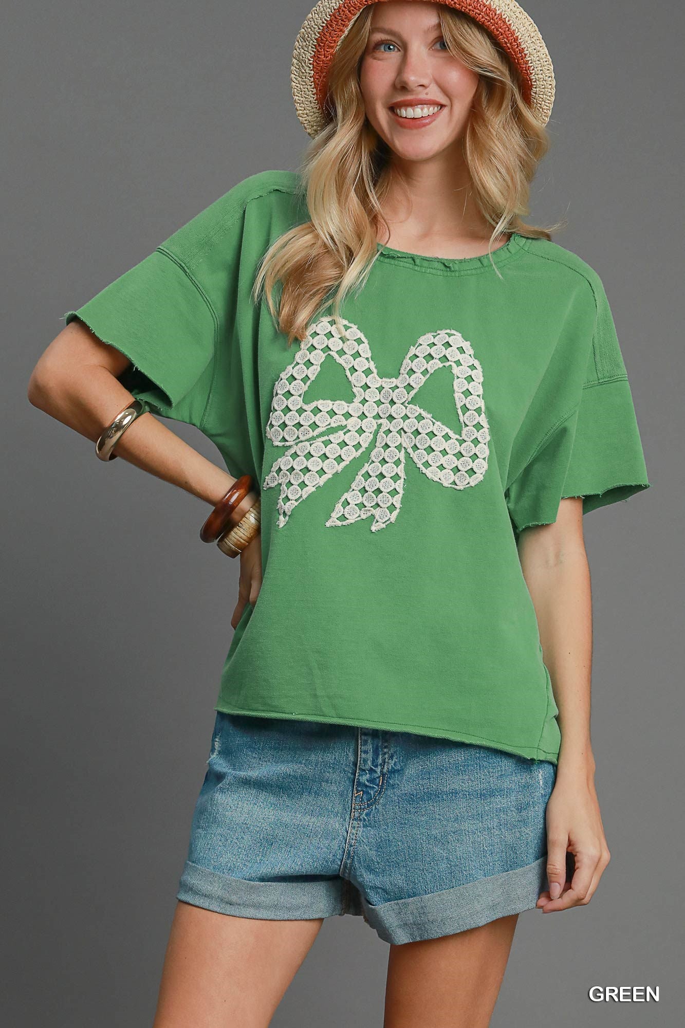 Green French Terry Lace Bow Top