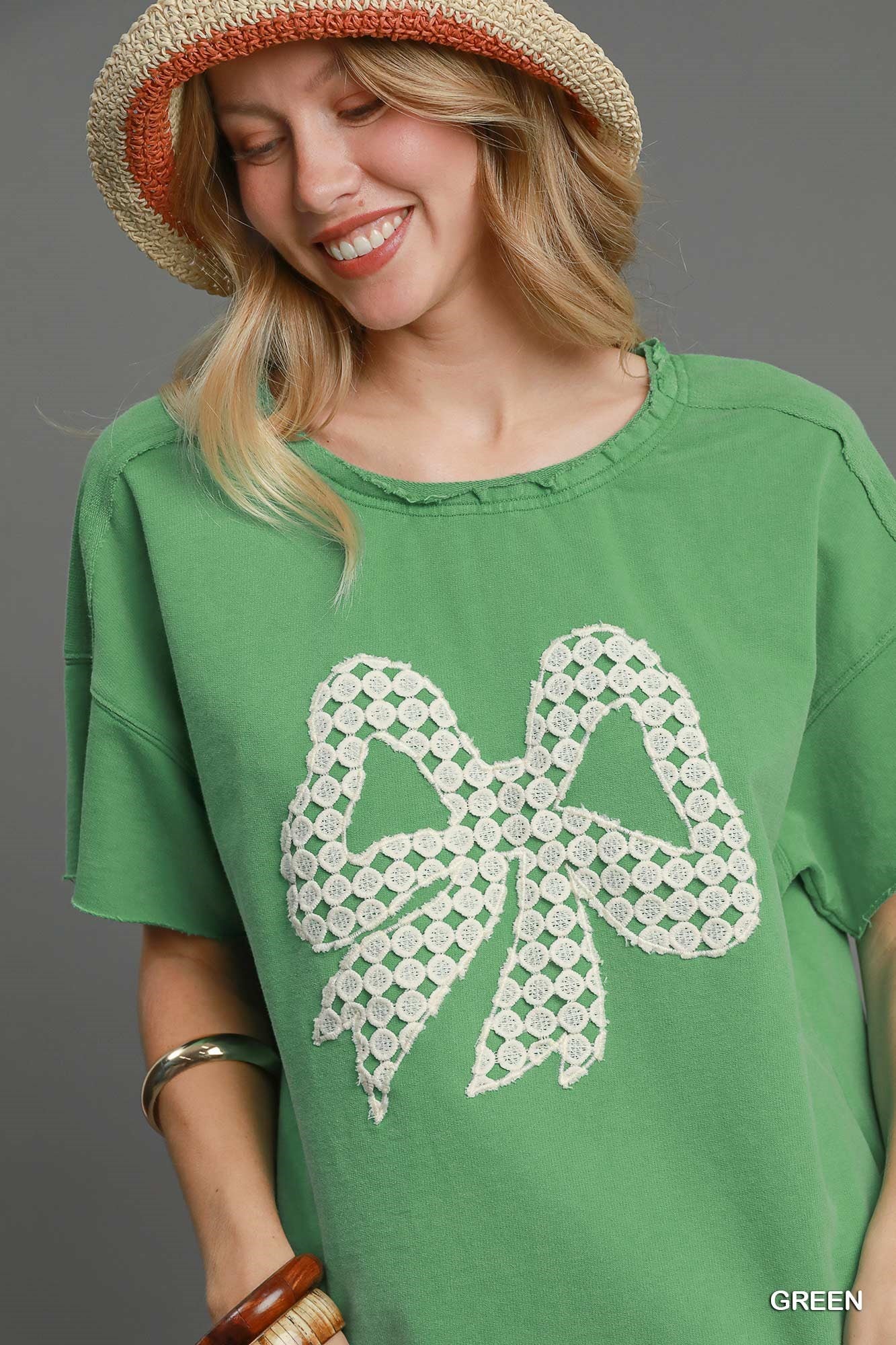 Green French Terry Lace Bow Top