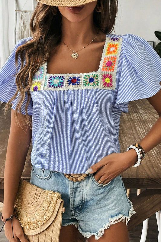 Blue & White Striped Top with Granny Square Neckline