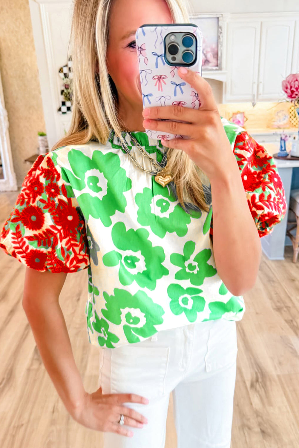 Green Floral Top with Embroidered Sleeves