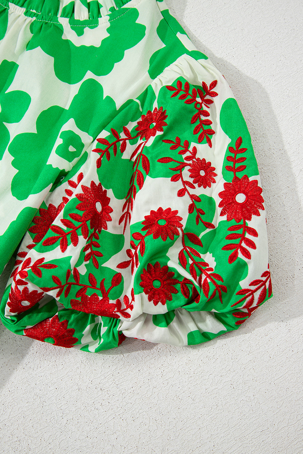 Green Floral Top with Embroidered Sleeves