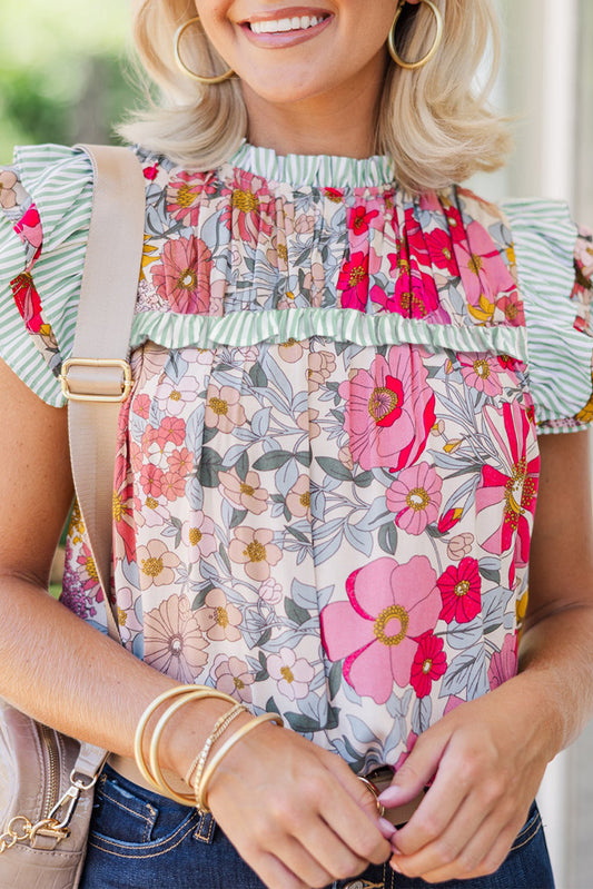 Mixed Fabric Top with Ruffled Flounce Sleeves