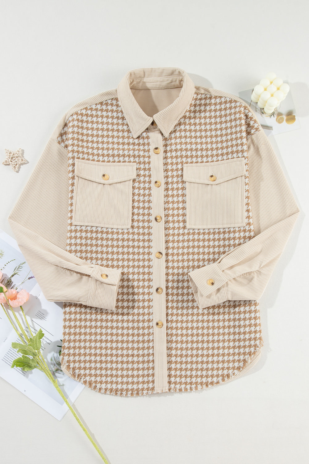 Houndstooth Corduroy Patchwork Shacket
