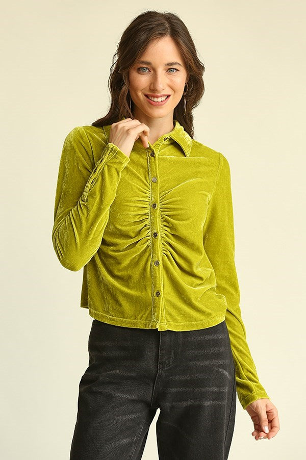 Velvet Ruching button-up Top in Kiwi