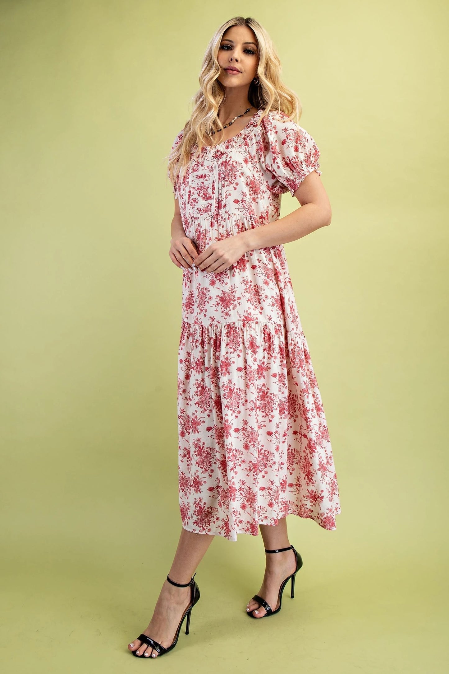 White with Red Floral Design Midi Dress