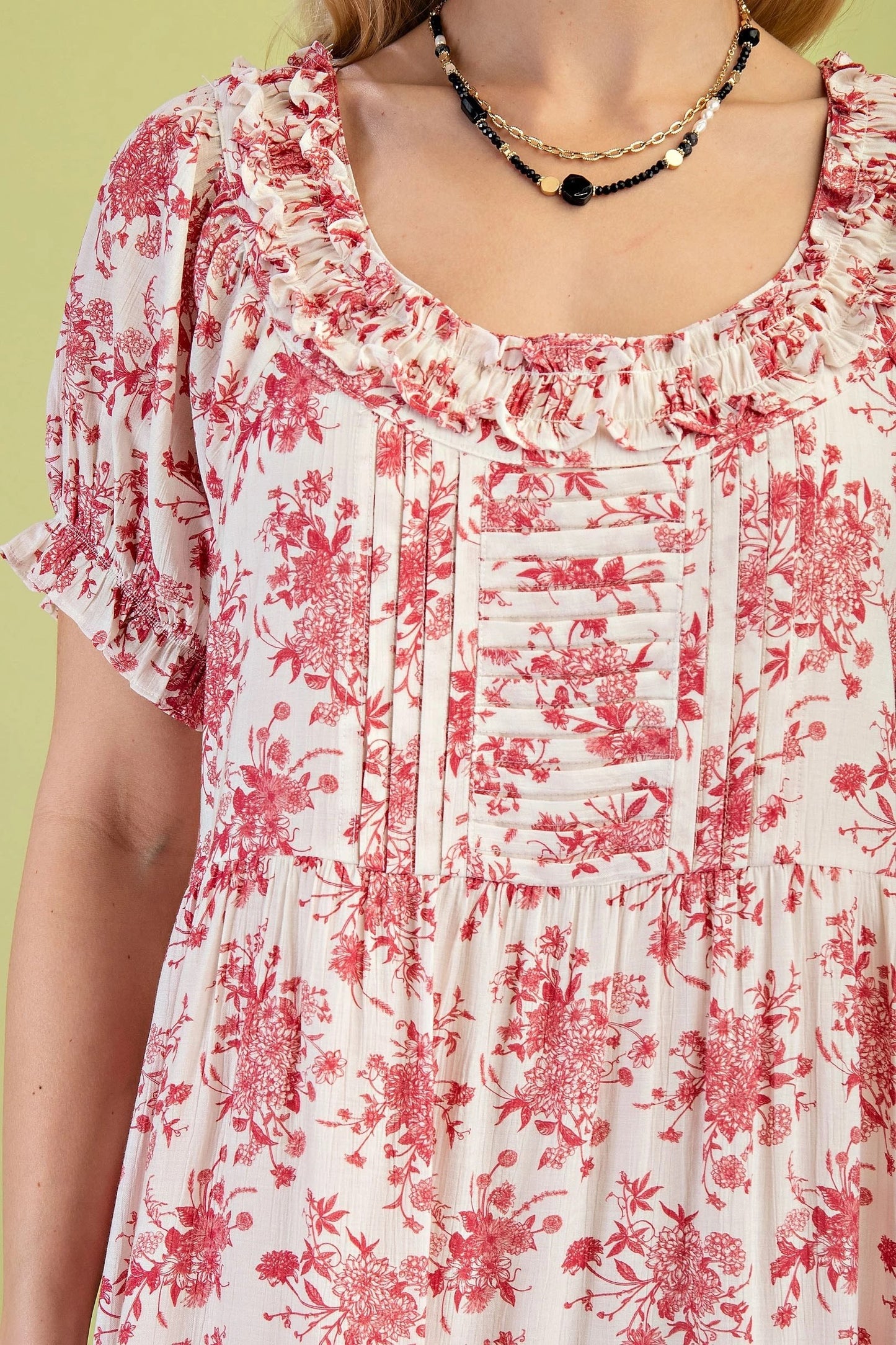 White with Red Floral Design Midi Dress