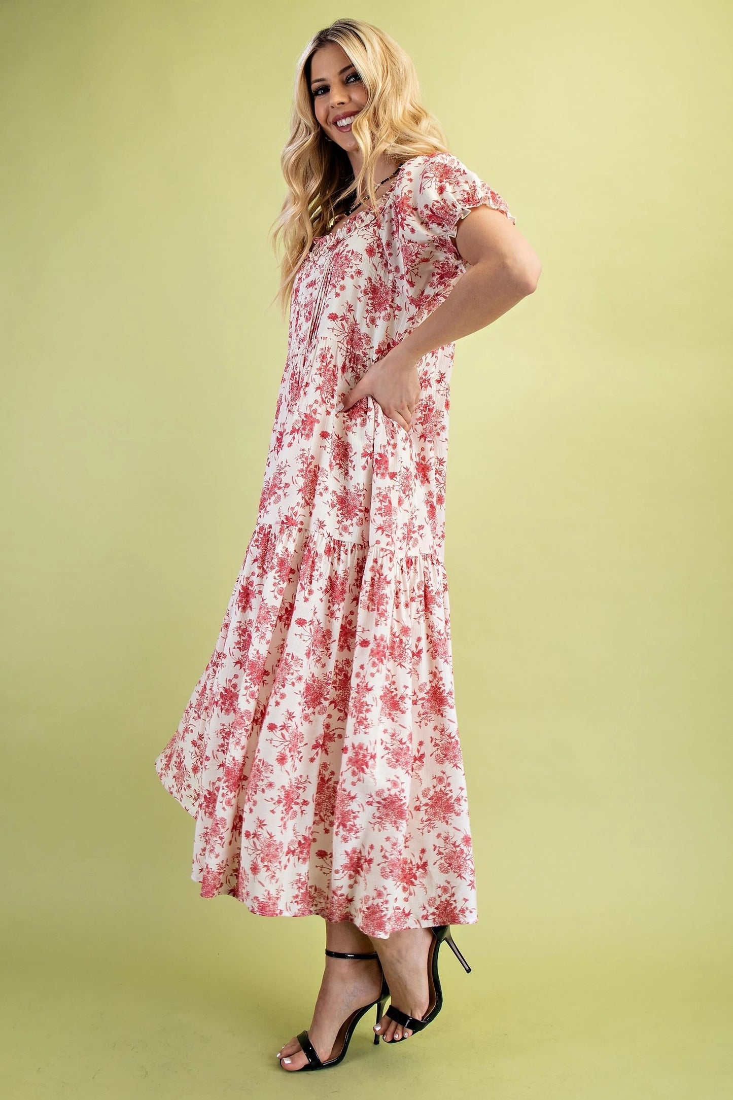 White with Red Floral Design Midi Dress