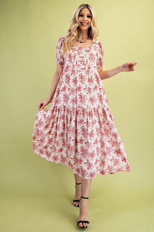 White with Red Floral Design Midi Dress