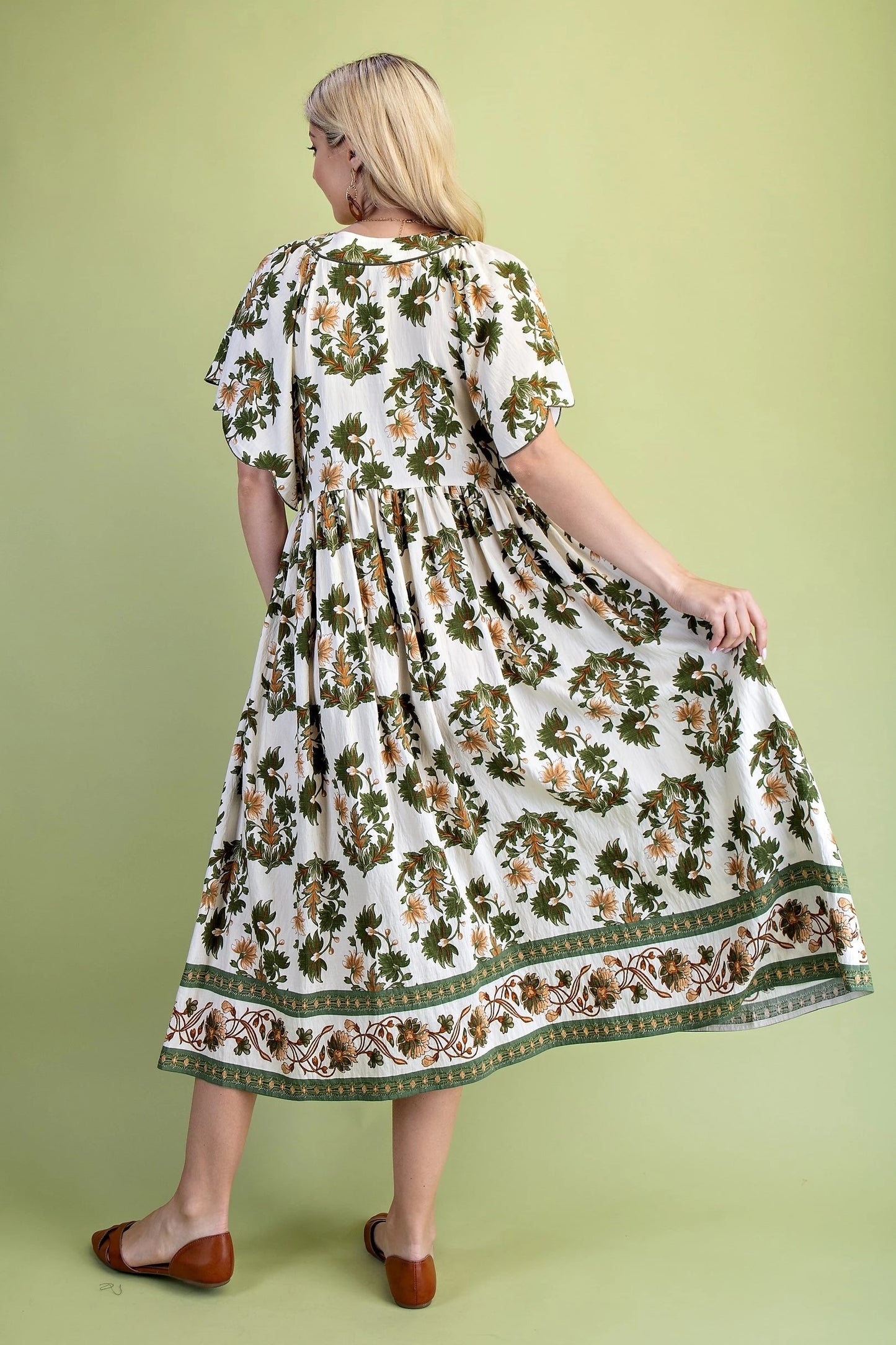 Olive Fall Foliage Dress with Flutter Scalloped Sleeves