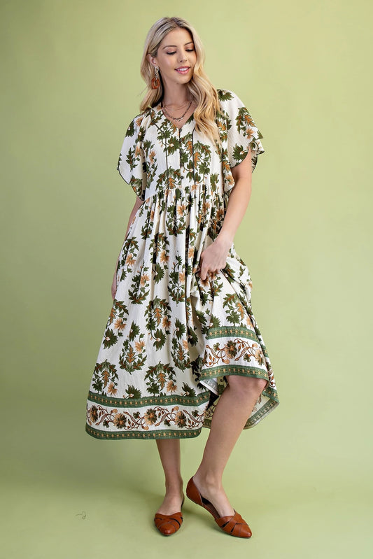 Olive Fall Foliage Dress with Flutter Scalloped Sleeves