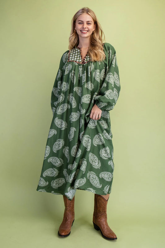Avocado Print Dress with Contrasting Quilted Fabric Yoke