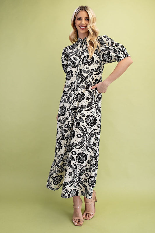 Floral-Geo Print Maxi dress in black on Ivory