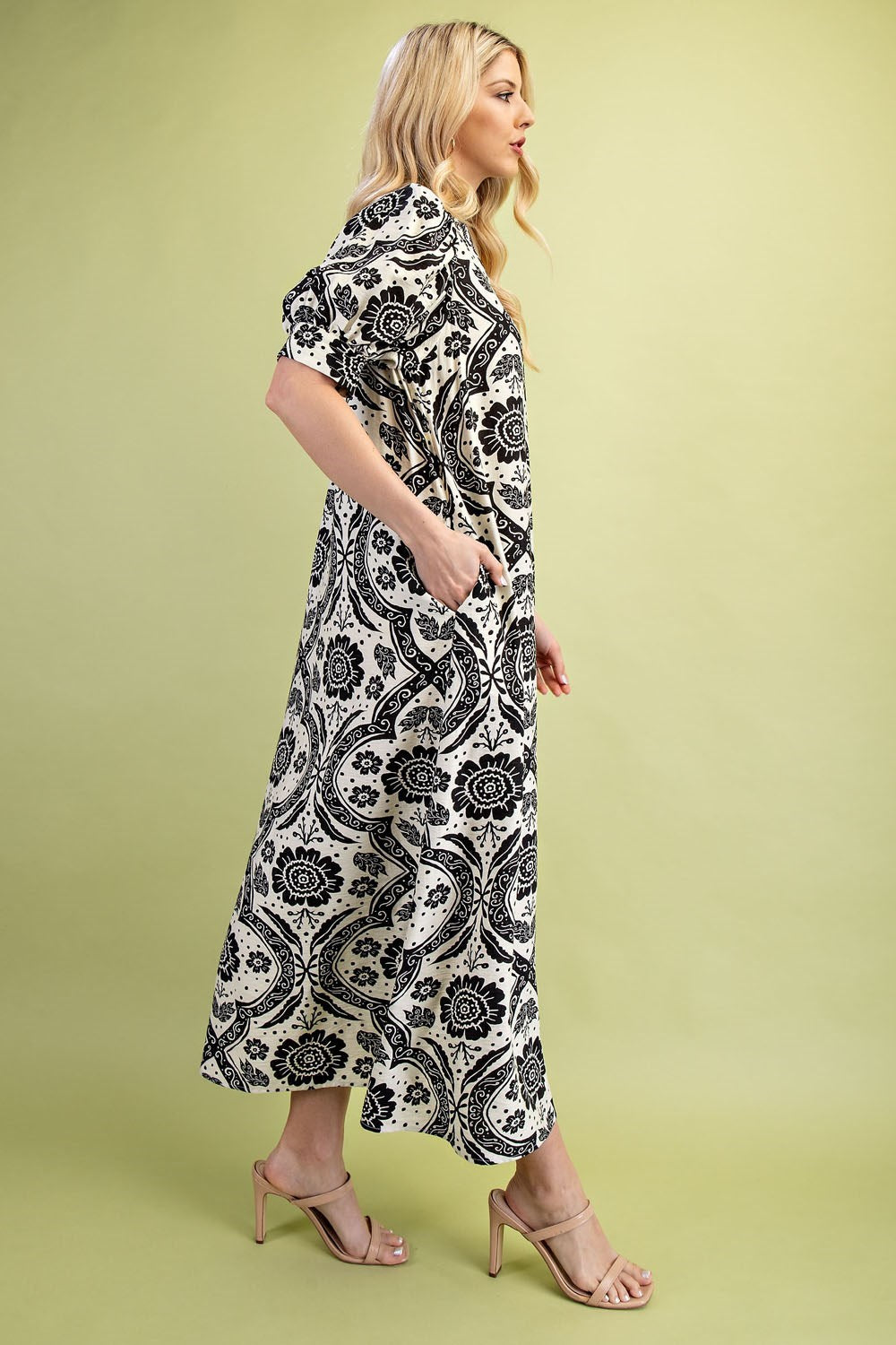 Floral-Geo Print Maxi dress in black on Ivory