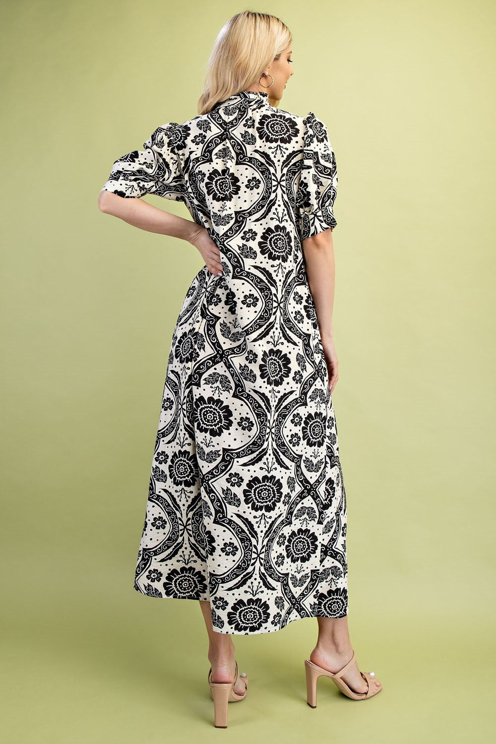 Floral-Geo Print Maxi dress in black on Ivory