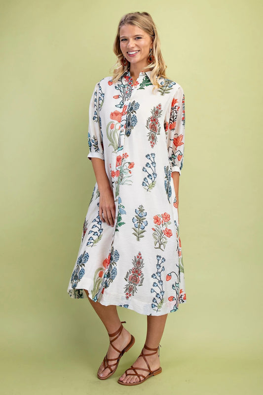 White Floral Shirt  Midi Dress With Sash