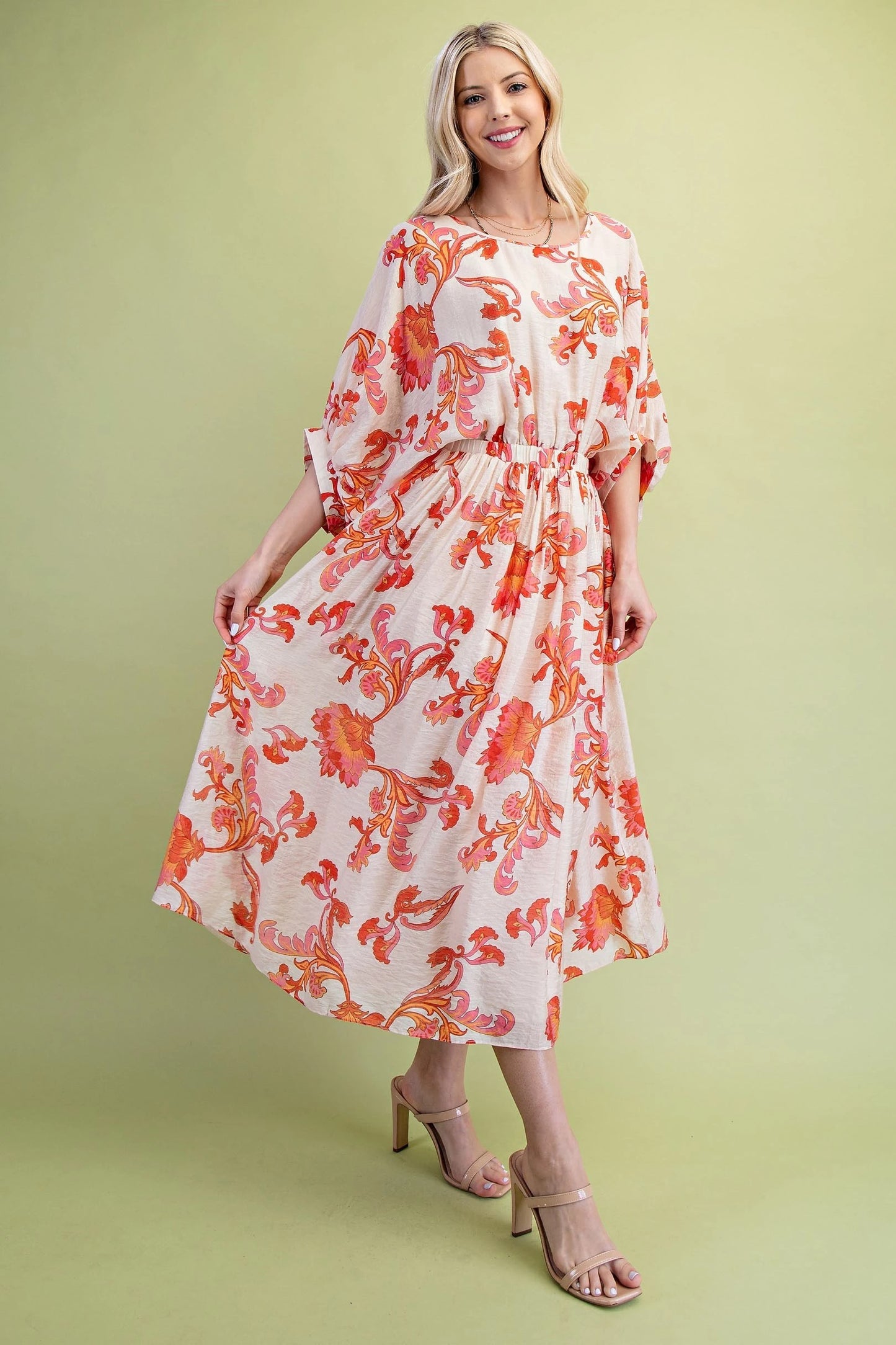 Coral Midi Dress with Dolman Sleeves