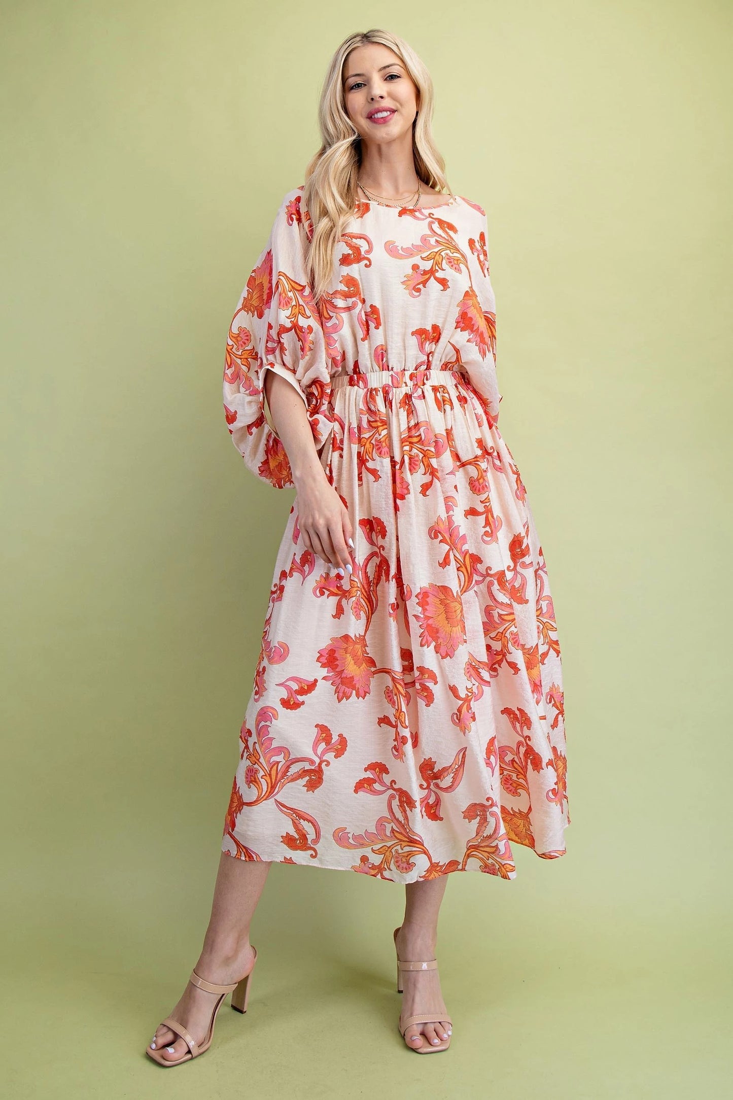 Coral Midi Dress with Dolman Sleeves